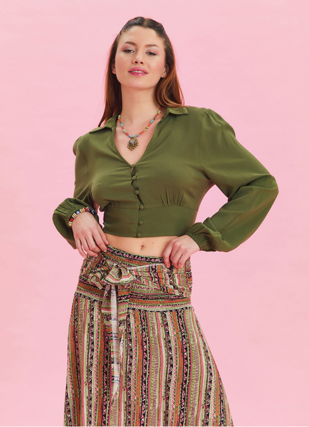 Khaki Bohemian Blouse with Shirt Collar Button Detail 4433